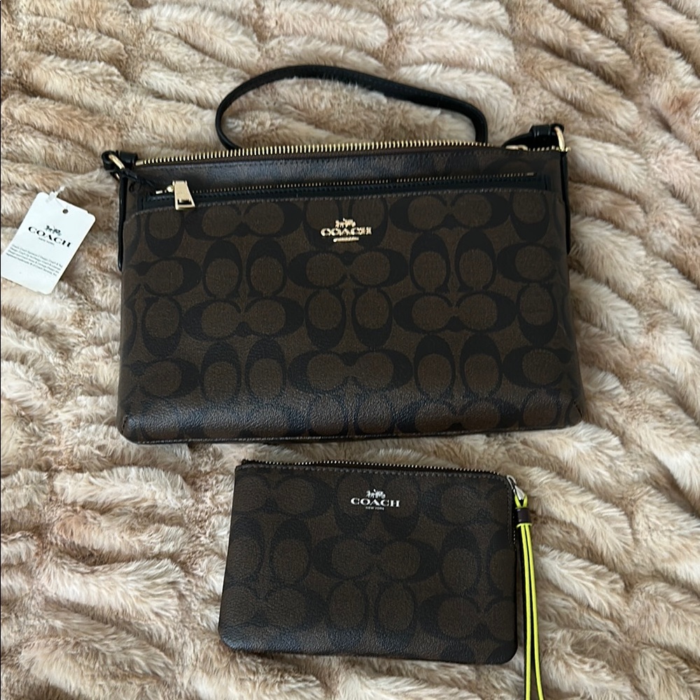Coach Brown Signature Women's Bag Set Purse and Wristlet Wallet set